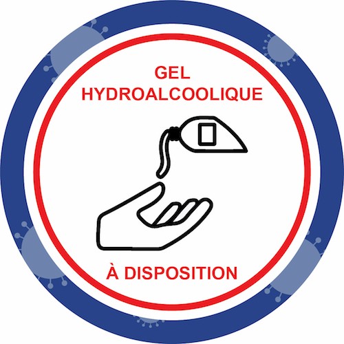 Autocollant prévention virus gel hydroalcoolique à disposition